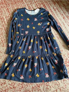 Girls' Navy Floral Tiered Long-Sleeve Dress